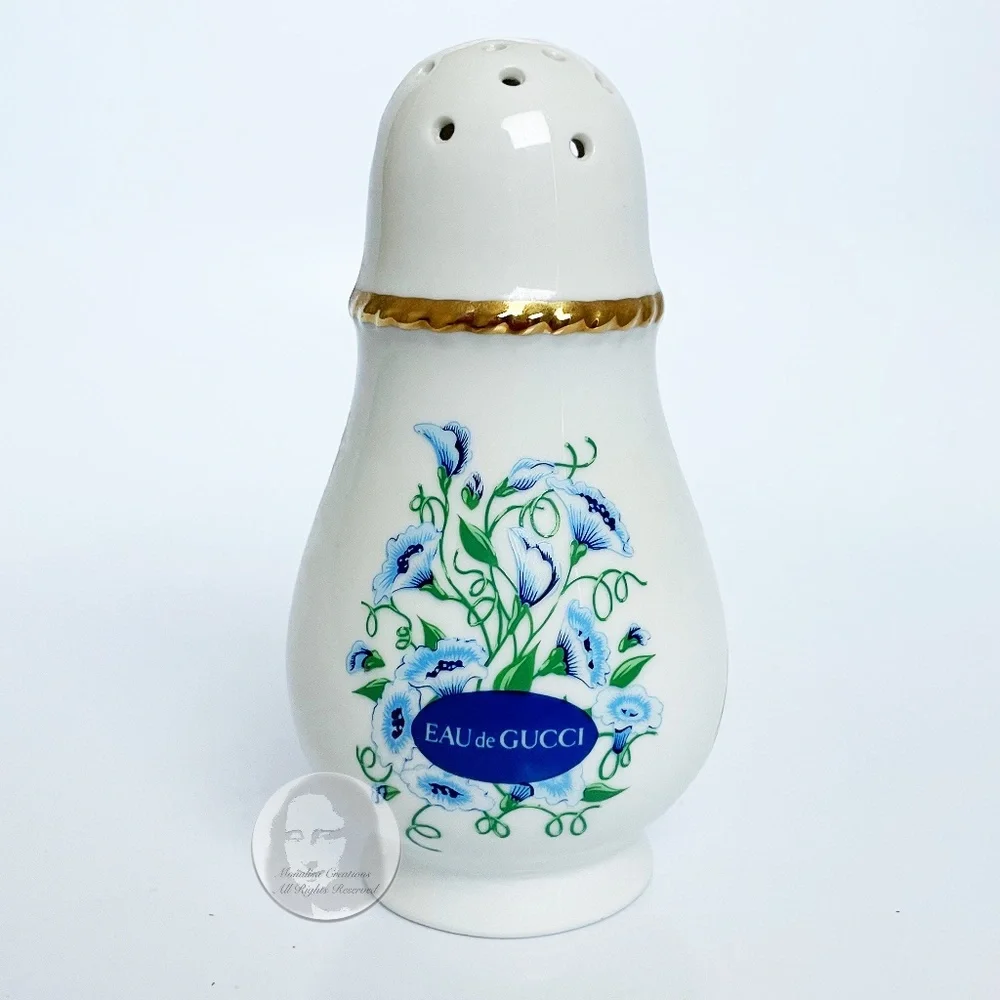 Eau de Gucci Powder Shaker Blue Florals Ceramic Home Decor Vintage Empty